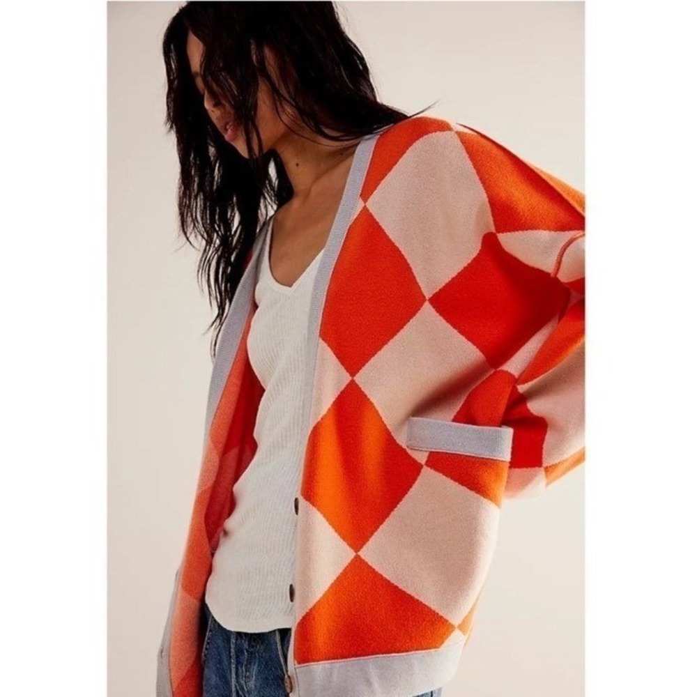 NWT Free People Manny Cardigan in Firecracker Argyle Oversized Size Small - Picture 4 of 12